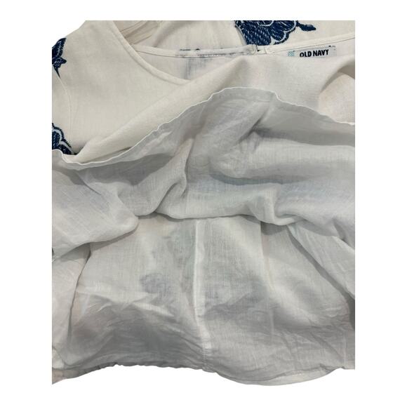 Old Navy Dress Linen Blend Size Medium White Floral Embroidery Contrast Hem Flaw - Picture 7 of 11